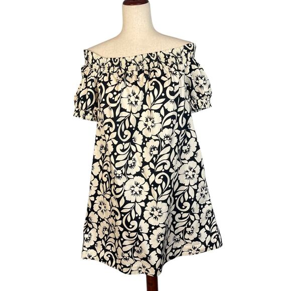 Boden Off Shoulder Mini Dress Tropical Black White Size 6 - Picture 3 of 12